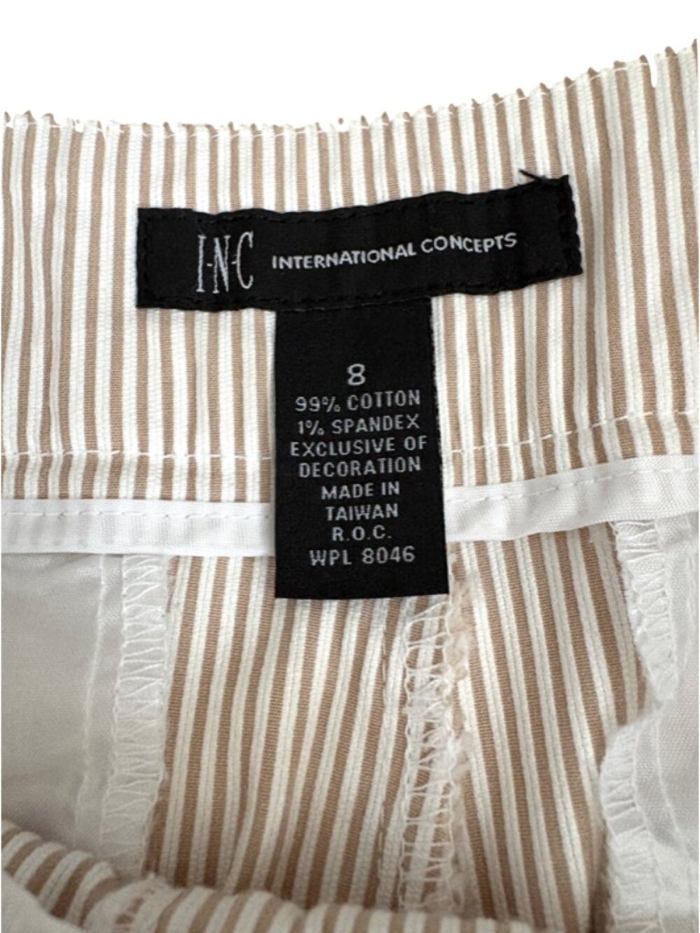 2/$29 INC ribbon waist cropped capri size 8 tan white pinstriped pants - Picture 6 of 12
